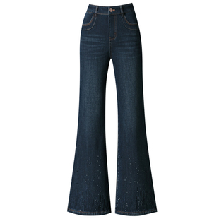 加绒加厚微喇牛仔裤女冬季新款高腰弹力烫钻刺绣显瘦女士长裤复古