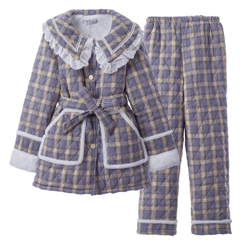 冬季加珊瑚绒女睡衣加厚三层保暖夹棉袄甜美公主可外穿家居服套装