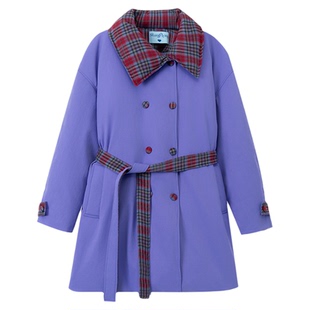 司童 蓝花楹格纹领羽绒服90白鸭绒中长款保暖御寒外套女冬新款