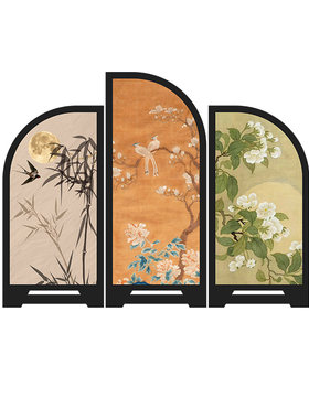 中古风墨竹花鸟小屏风装饰摆件