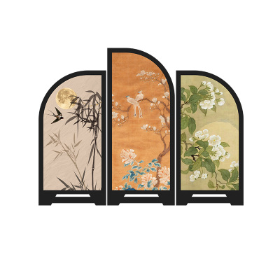 中古风墨竹花鸟小屏风装饰摆件