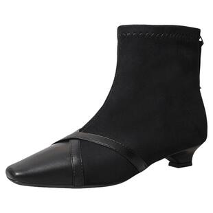 高蒂尖头小跟短靴女2025新款冬季加绒保暖高级感及踝靴子短筒裸靴