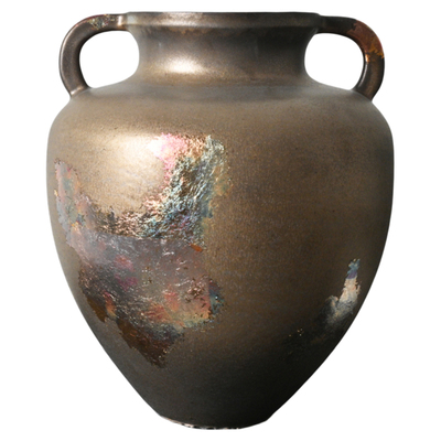 新中式仿铜金色陶瓷景德镇花瓶复古双耳瓶高级感中古家居装饰摆件