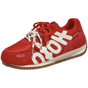 人本红色阿甘鞋女2026春季新款厚底女鞋德训鞋百搭轻便休闲运动鞋