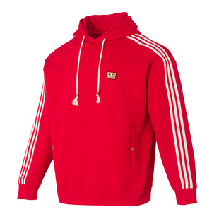 Adidas阿迪达斯三叶草官方卫衣男款新春款连帽抽绳卫衣红色打底衫