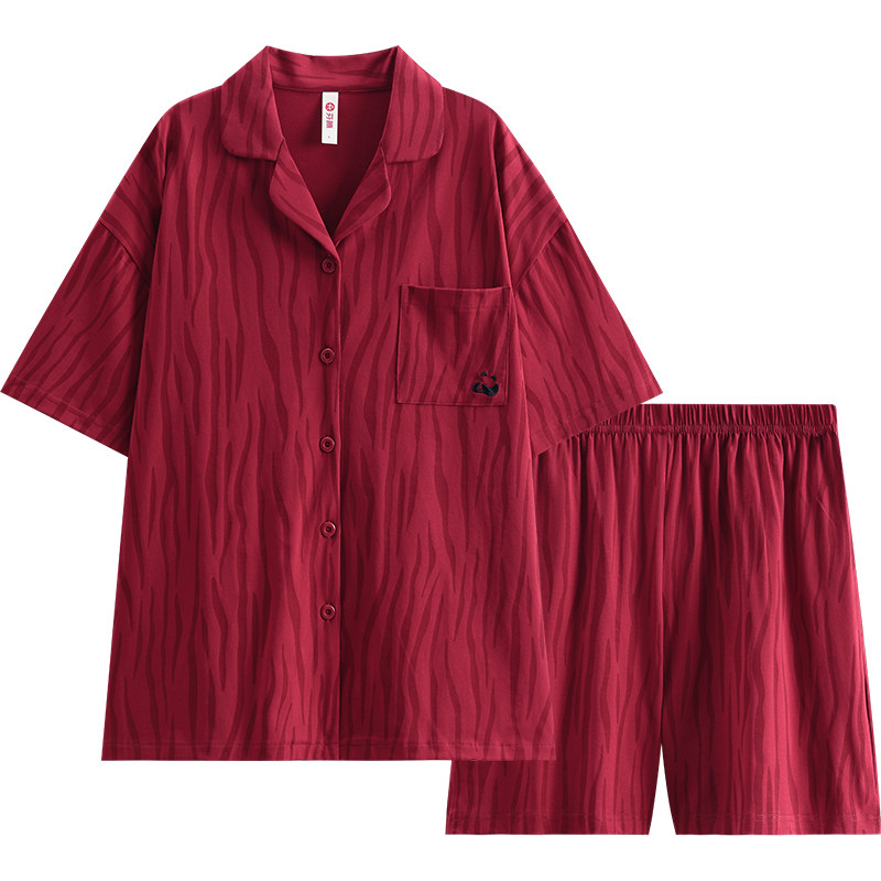 芬腾情侣睡衣夏季男女薄款纯棉短袖短裤本命年红色结婚家居服套装