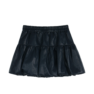 pusumede【现货6折】焦糖卡纸 复古PU皮质花苞半身裙女褶皱蓬蓬裙