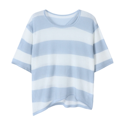 Basic House/百家好莱赛尔条纹不对称针织衫夏新款镂空短袖上衣