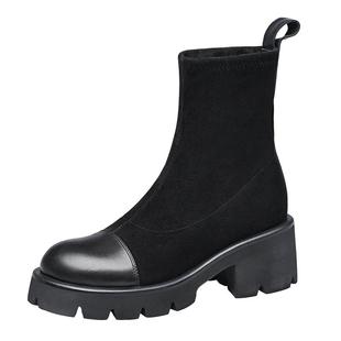 ZRO零度女鞋马丁靴女冬季弹力布时尚拼接百搭中筒女靴子