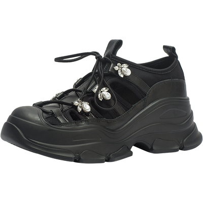 CDF女鞋2025春季新款时尚百搭镂空鞋厚底增高绑带水钻透气休闲鞋