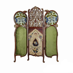 茱莉安重工雕刻实木彩绘屏风法式贴金箔隔断客厅卧室装饰双面折屏