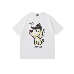 LAMLICKA蜡笔画小狗印花t恤潮牌痞帅炸街男短袖美式高街hiphop