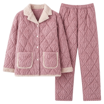 秋鹿女针织夹棉格纹睡衣