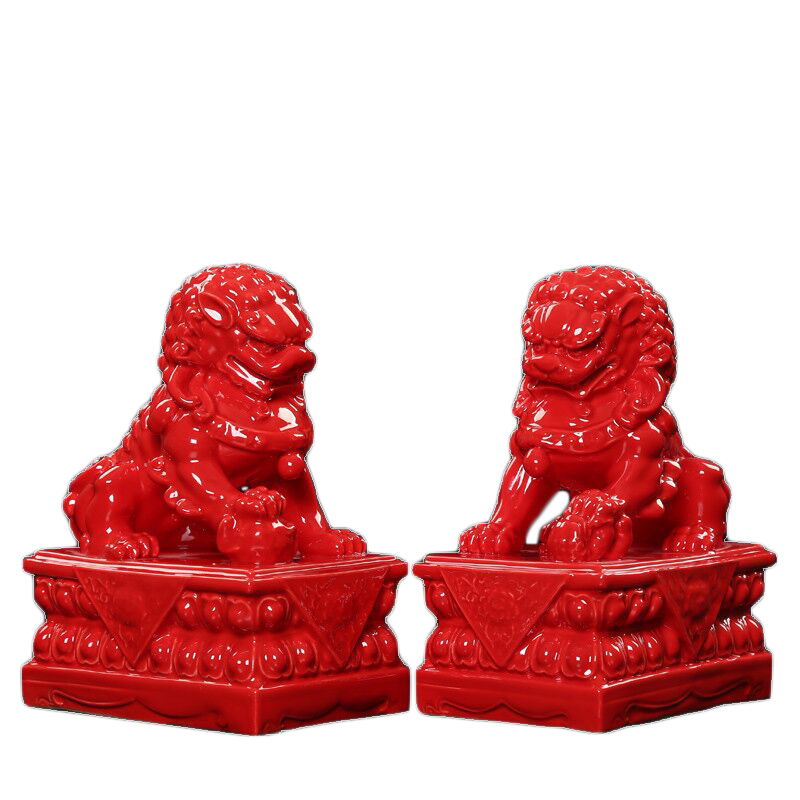 陶瓷红色石狮子手工精雕一对看门镇宅家用招财客厅摆件汉白玉