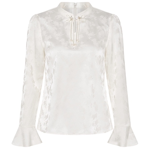 FEXATA斐格思2026春新款国风古典旗袍领新中式提花长袖白色衬衫女