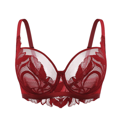 【艺术叶片】遐超薄内衣女蕾丝双杯面防下垂聚拢大胸显小红色文胸