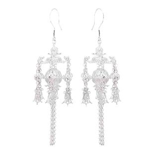 999纯银耳环宫灯流苏花风铃手工汉服民族风足银耳坠古装耳饰送礼