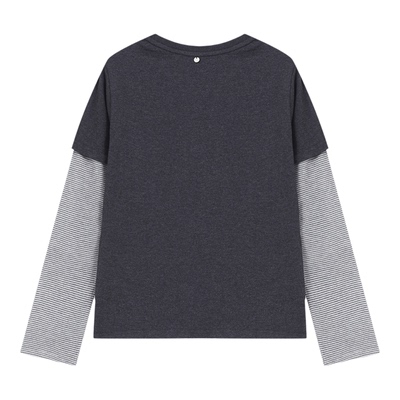 百家好刺绣拼接假两件条纹长袖上衣女春季新款撞色减龄休闲T恤衫