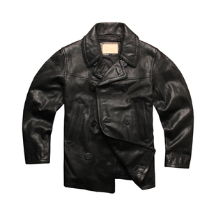 无涂蜡染山羊皮复古修身真皮皮衣男款双排扣740中长款皮夹克大衣