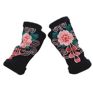 手套女秋冬季保暖弹力露指精致民族风刺绣花杨丽萍羊绒半指手套