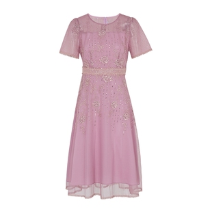 【退回6.14】马天奴粉色刺绣网纱连衣裙短袖长裙亮片气质礼裙新款