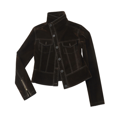 SINGLE MOMENT 25AW法式复古竹节植绒斜纹短款机车夹克外套上衣女