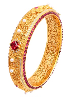 VISING珠宝培育红宝石【国检】黄金色手镯国风花丝镶嵌S925银镯子