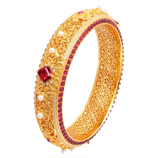 VISING珠宝培育红宝石【国检】黄金色手镯国风花丝镶嵌S925银镯子