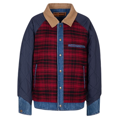 【董璇同款】ALL BEINGS2025冬红黑撞色格纹牛仔3m新雪丽夹棉外套