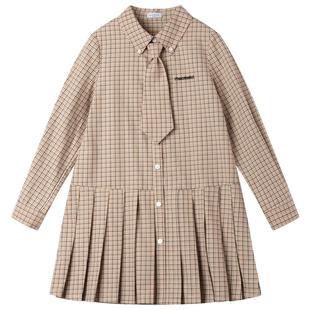 【格林日记】格子衬衫连衣裙女童儿童领带摩登棕色衬衫裙春