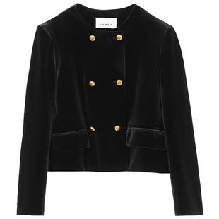 LANCY/朗姿2025冬新款气质丝绒圆领双排扣高级感黑色短款外套女秋