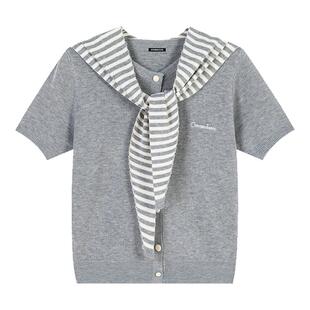 i.tGROUND ZERO条纹设计针织衫女夏季V领衫短袖外搭女装上衣