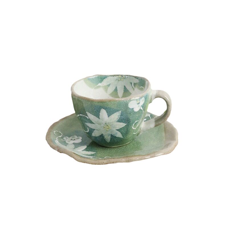 日本制陶器 咖啡杯 K3430花轮舞曲(绿色) 日式下午茶杯子摆件礼品