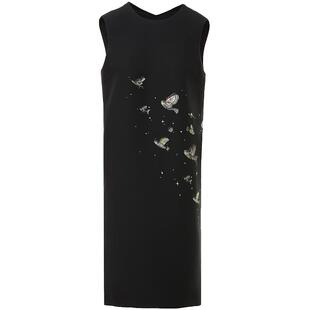 LANCY/朗姿2024冬新款真丝羊毛无袖设计感印花高级感圆领连衣裙女