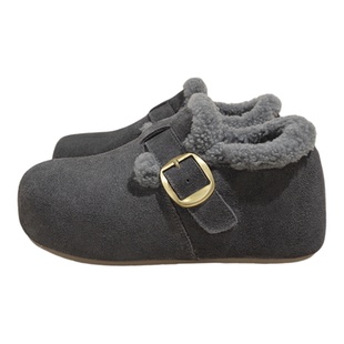 灰色厚底勃肯鞋女2025新款冬季鞋子加绒一脚蹬增高女鞋保暖毛毛鞋