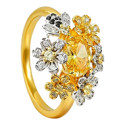 925纯银戒指椭圆黄钻色花戒指