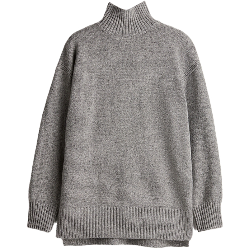 HM女装秋季毛衣宽松罗纹圆高领两侧开衩套头衫0992208