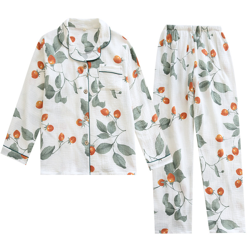 睡衣女士春秋款秋季纯棉纱布绉布长袖女式家居服冬夏天薄全棉套装