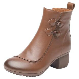 欧卡汇冬季真皮加绒妈妈鞋子舒适休闲短靴女鞋女中老年粗跟女靴子