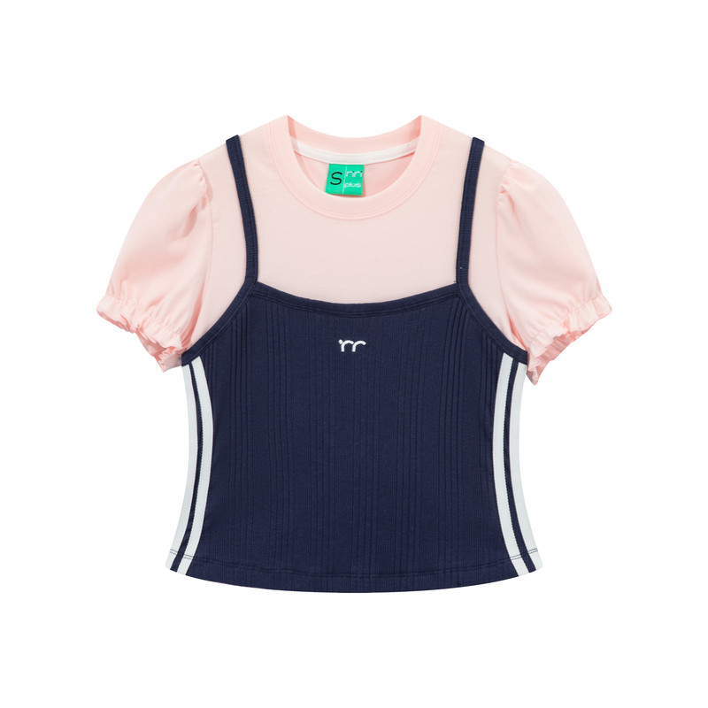 riverstone plus 假两件少女泡泡袖撞色短袖T恤女百搭修身打底衫