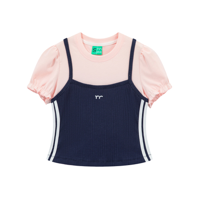 riverstone plus 假两件泡泡袖T恤女夏新款撞色短款修身短袖上衣