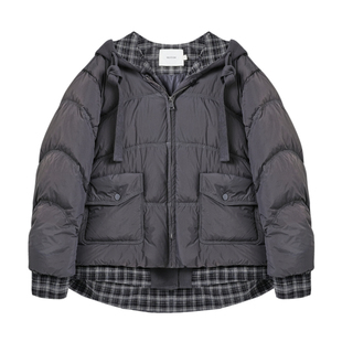 西町村屋韩系羽绒服女2025冬季新款格纹拼接连帽羽绒服XAAD10001