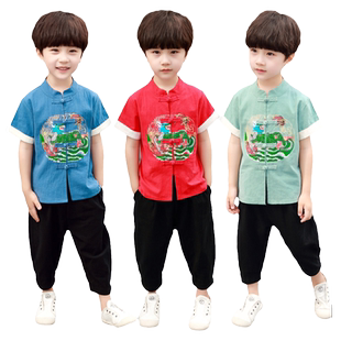 男童汉服儿童夏季少爷服男孩新年新款民族服装全棉唐装薄款短袖装