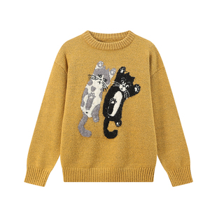 江南先生NewJNXS双色小猫趣味提花圆领宽松休闲慵懒情侣款毛衣冬