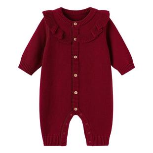 babylove女宝宝连体衣秋冬季羊毛针织保暖哈衣爬服新年红色衣服