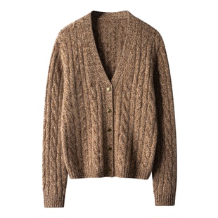 Z.M.R 康赛妮花纱 麻花三股加厚100%纯山羊绒开衫女针织毛衣外套