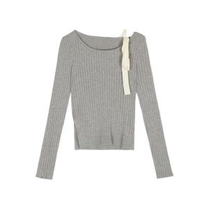 左佳琪 时尚露肩侧开叉修身不对称绑带针织衫女长袖灰色打底衫女