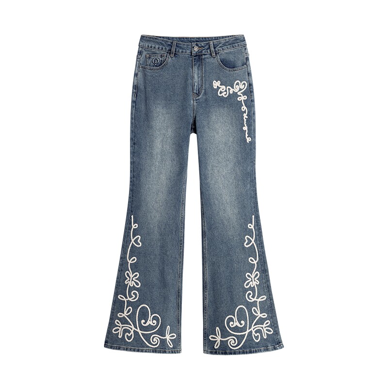 Desigual26秋冬新品修身爱心藤蔓盘带绣微喇女式牛仔裤