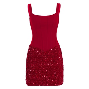 #ROCKMORE#泰兰德红色亮片拼接吊带连衣裙辣妹派对性感收腰包臀裙