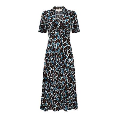 DVF魅影豹猫图案V领短袖茶歇裙